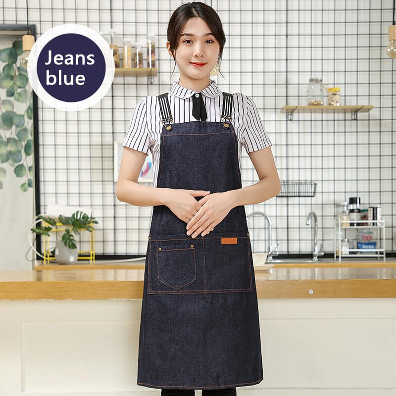 Customized logo printing on denim canvas fashionable women's aprons for restaurants, home use, wear-resistant kitchen workwear, car wash workwear, and seafood processing workwear. - Image 22