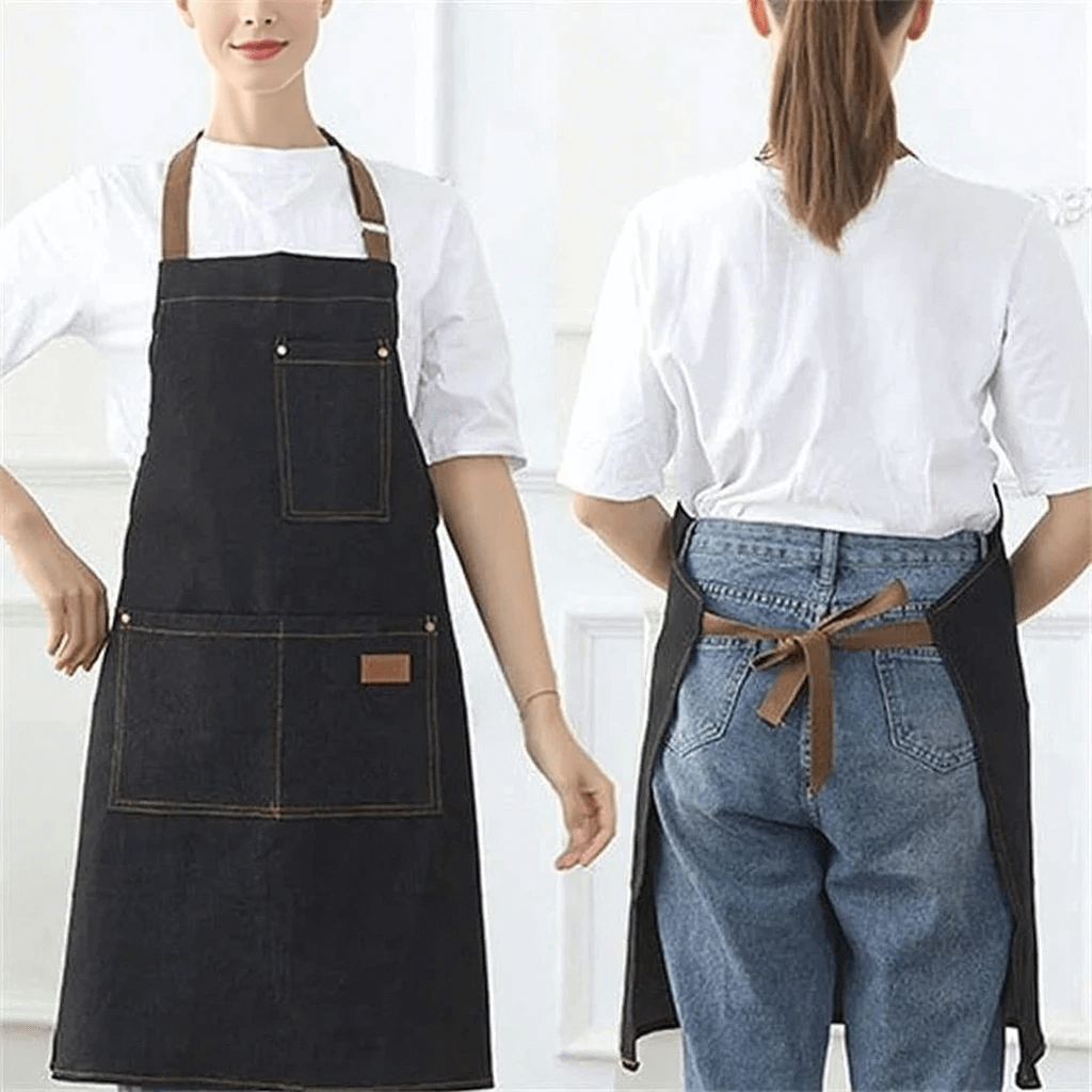Halter-neck contrasting color denim apron for restaurants, milk tea shops, cafes, and bakeries, with logo printing for men's and women's workwear.