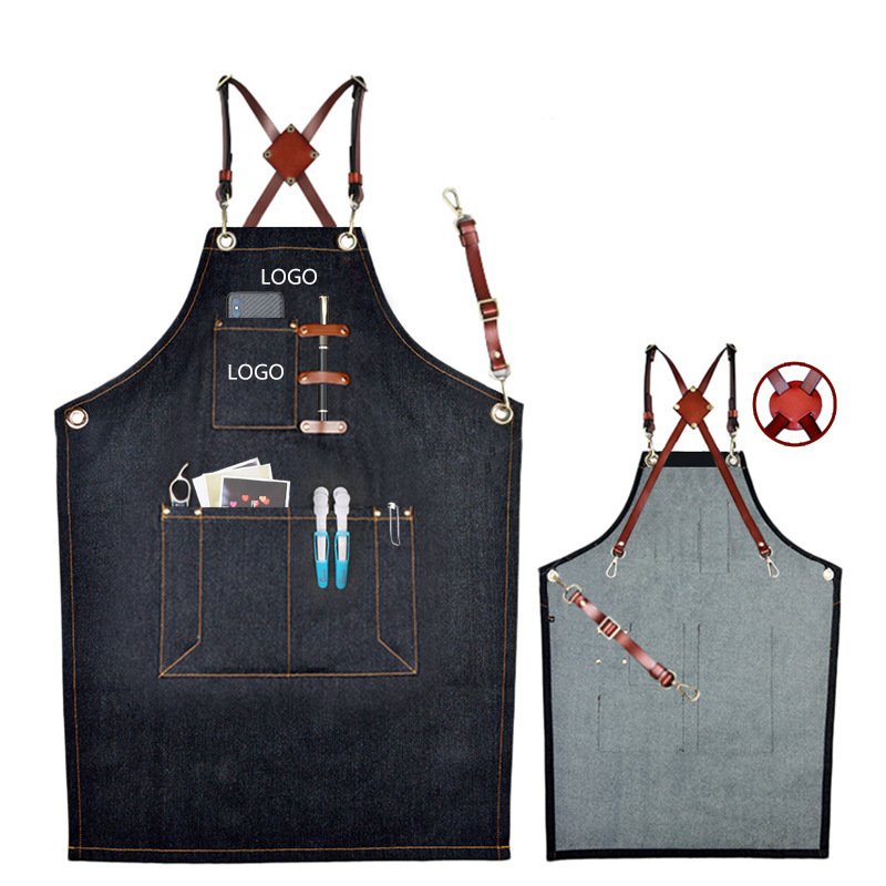 Denim apron custom logo printing milk tea shop barista barber florist men and women work clothes - Image 8