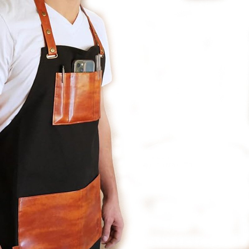 High-end custom-made hot-selling fashion haircut adjustable halter neck thick canvas men's PU work apron - Image 2