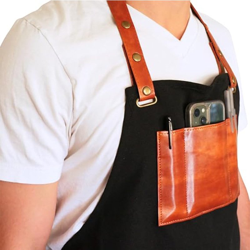 High-end custom-made hot-selling fashion haircut adjustable halter neck thick canvas men's PU work apron - Image 3