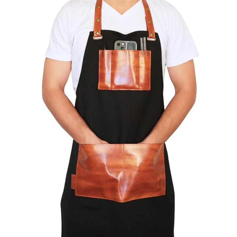 High-end custom-made hot-selling fashion haircut adjustable halter neck thick canvas men's PU work apron - Image 5